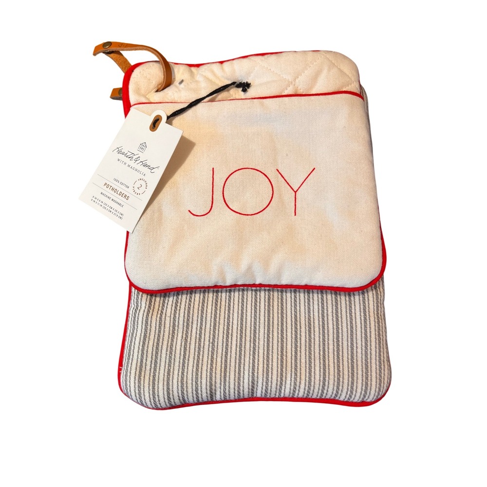 Hearth & Hand Magnolia JOY Potholder Set 2pc Red White Ticking Stripe Holiday